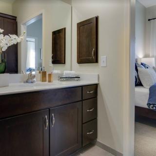 Modern bathroom with a sleek vanity and elegant decor.