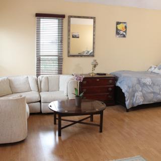 A cozy studio apartment with a combined bedroom and living area, featuring a sofa, coffee table, and bed.