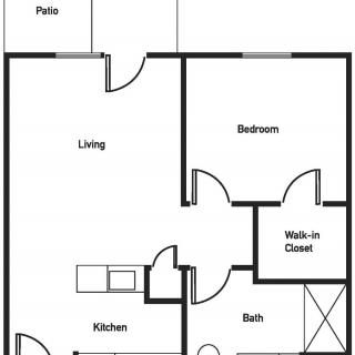 A floor plan of a one-bedroom apartment featuring a walk-in closet, kitchen, bathroom, living room, and patio.