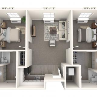 This is a floor plan of a two-bedroom apartment featuring a central living area, kitchen, and bathrooms.
