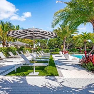 A serene tropical poolside area with sun loungers and striped umbrellas surrounded by lush palm trees.