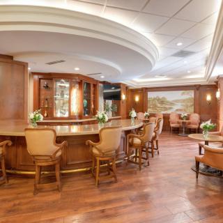 A well-lit and elegantly designed bar area with wooden furnishings and comfortable seating.