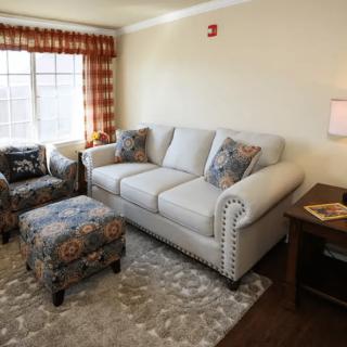 A cozy living room with a light-colored sofa, armchair, and ottoman, complemented by patterned curtains and a plush rug.