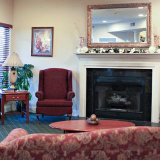 A cozy living room featuring a fireplace, armchair, and sofa.