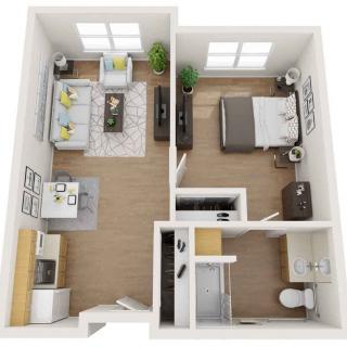 A modern one-bedroom apartment floor plan showcasing a living room, kitchen, bedroom, and bathroom.