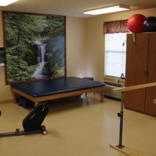 A physical therapy room equipped with exercise and rehabilitation equipment, including a therapy bed, stationary bike, parallel bars, and exercise balls.
