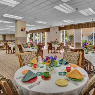 A brightly decorated dining room with colorful table settings, featuring elegant chairs and floral centerpieces.