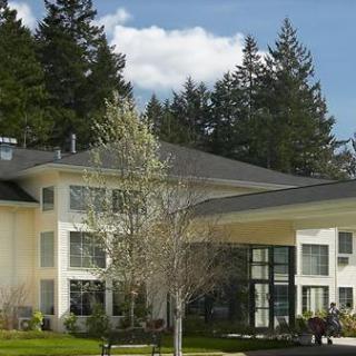 A modern house surrounded by trees and under a clear sky.