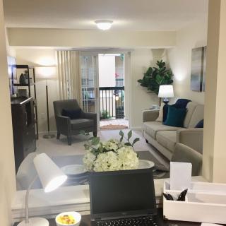 A modern living room with stylish furniture, including a sofa, armchair, lamps, and decorative plants.
