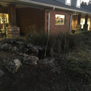 An evening view of a house with a garden featuring various plants and rock formations.