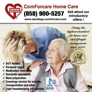 Advertisement for ComForcare Home Care services highlighting various offerings for elderly and personal care.