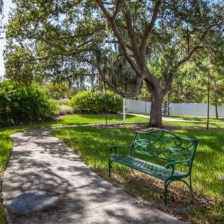 A peaceful park scene featuring a green bench beside a shaded pathway surrounded by trees and greenery.