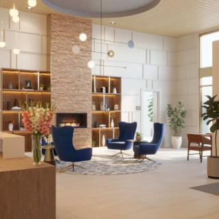 A modern lobby with stylish seating and elegant lighting.