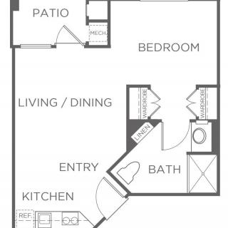 A floor plan of a one-bedroom apartment featuring a living/dining area, kitchen, bathroom, and patio.