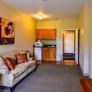 A cozy apartment living area featuring a sofa, kitchenette, and decorative artwork.
