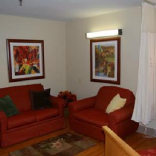 A cozy living room with a sofa and armchair, decorated with paintings on the wall.