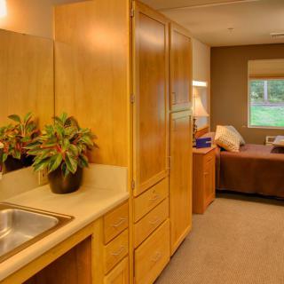 Warm and cozy living space with wooden cabinets and a comfortable seating area.