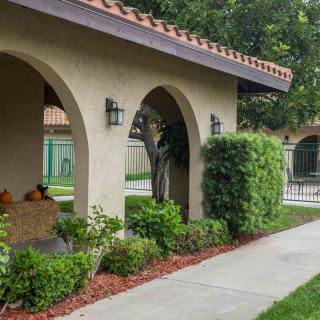 A scenic view of an arched walkway surrounded by lush landscaping.
