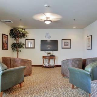 A cozy waiting room with comfortable seating, a television, and decorative elements.