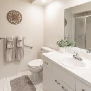 A modern, clean bathroom with a sink, mirror, and shower.