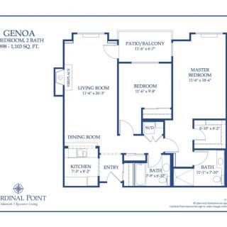 Blueprint of a Genova model showing a 2-bedroom, 2-bathroom layout.