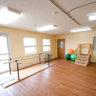A spacious physical therapy room equipped with exercise bars and fitness balls, designed for rehabilitation activities.