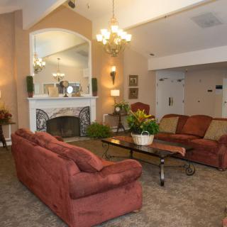 A cozy living room with a fireplace, sofas, and elegant decor.