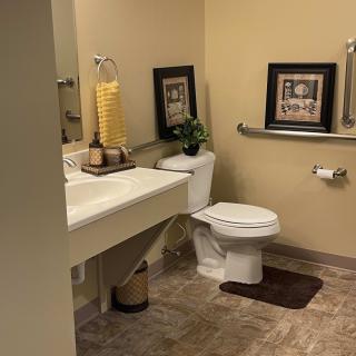 A well-decorated bathroom with a toilet, sink, and wall art.
