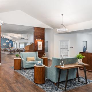 A modern lobby with comfortable seating and elegant decor.