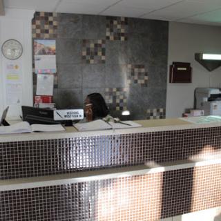 A reception area with a staff member at the desk, surrounded by office decor.