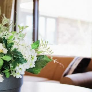 A beautifully decorated living room featuring a floral arrangement and ample natural light.