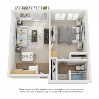 A 3D floor plan of a one-bedroom apartment featuring a living room, kitchen, bedroom, and bathroom.