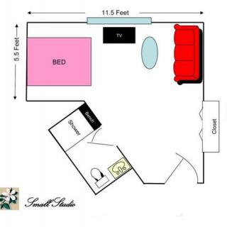 Floor plan of a small studio apartment with designated areas for bed, kitchen, and living space.