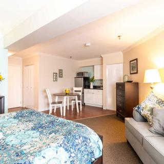 A cozy and bright studio apartment with a bed, kitchenette, dining table, and sofa.