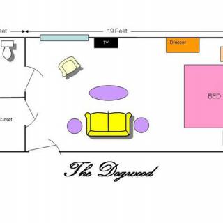 Floor plan of an apartment with labeled furniture and dimensions.