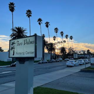 A scenic view featuring palm trees lined along a street at sunset.