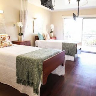 A bright and inviting bedroom featuring two neatly arranged twin beds with green throws.
