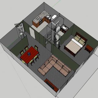 3D floor plan of a compact apartment with living room, kitchen, and bedroom.