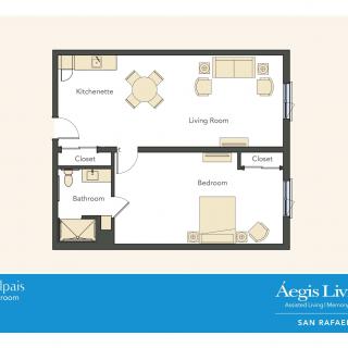 One-bedroom apartment floor plan with kitchen, living room, bathroom, and closet.
