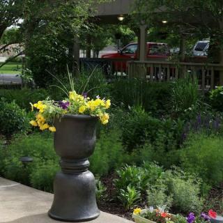 A garden with a decorative planter filled with yellow flowers surrounded by lush greenery.