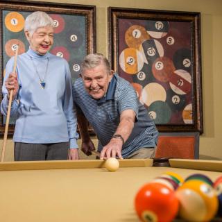 An elderly couple enjoying a game of pool together.