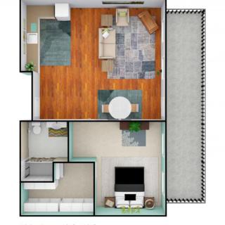 An overhead view of a compact apartment floor plan featuring a living room, kitchen, bedroom, and balcony.