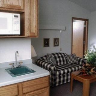 A small apartment interior featuring a kitchen area with a sink and microwave, adjacent to a living space with a checkered couch.