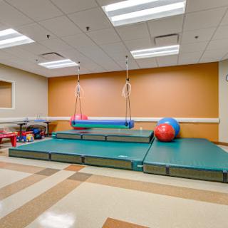 A vibrant and inviting therapy gym equipped with mats, colorful exercise balls, and swinging apparatus for physical activity.