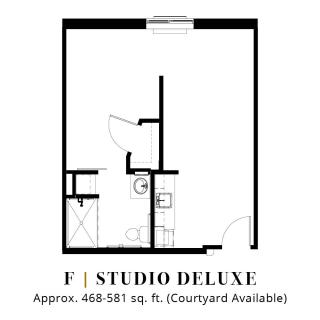 Floor plan for a Studio Deluxe apartment, approximately 468-581 sq. ft., with courtyard availability.