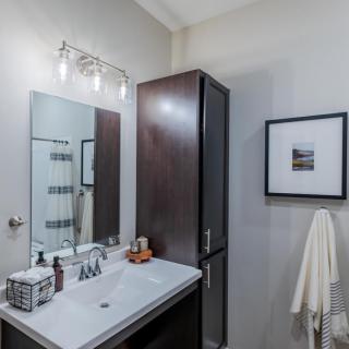 A modern bathroom featuring a sleek sink, mirror, and dark wood cabinet.