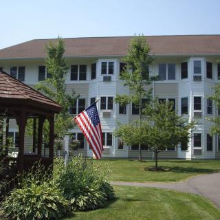 A suburban building with an American flag and surrounding greenery.