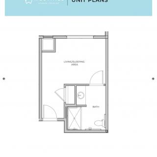 A floor plan layout of a living space with designated areas for different functionalities.