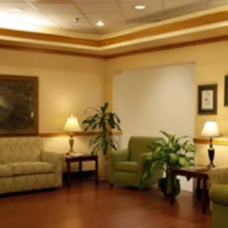 A cozy waiting area featuring sofas, chairs, lamps, and plants.