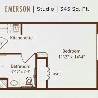 Studio apartment floor plan for 'Emerson' with a total area of 345 square feet, featuring a kitchenette, bathroom, closet, and bedroom.